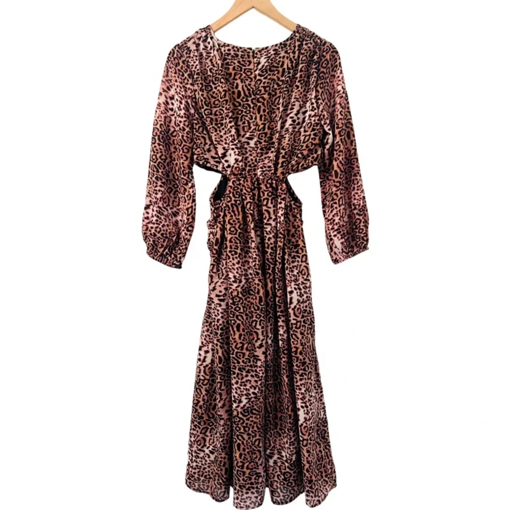 ANTHROPOLOGIE RANA GILL Long Sleeve Cutout Midi Dress in Leopard Size S